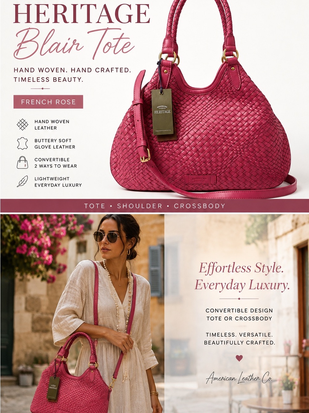 American Leather Co. Heritage Hand Woven French Rose Blair Tote/Crossbody Bag